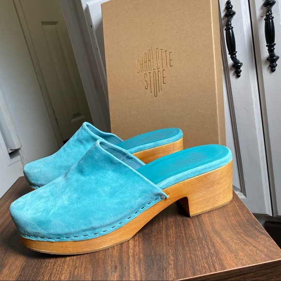 Turquoise Suede Clogs - Picture 2 of 5